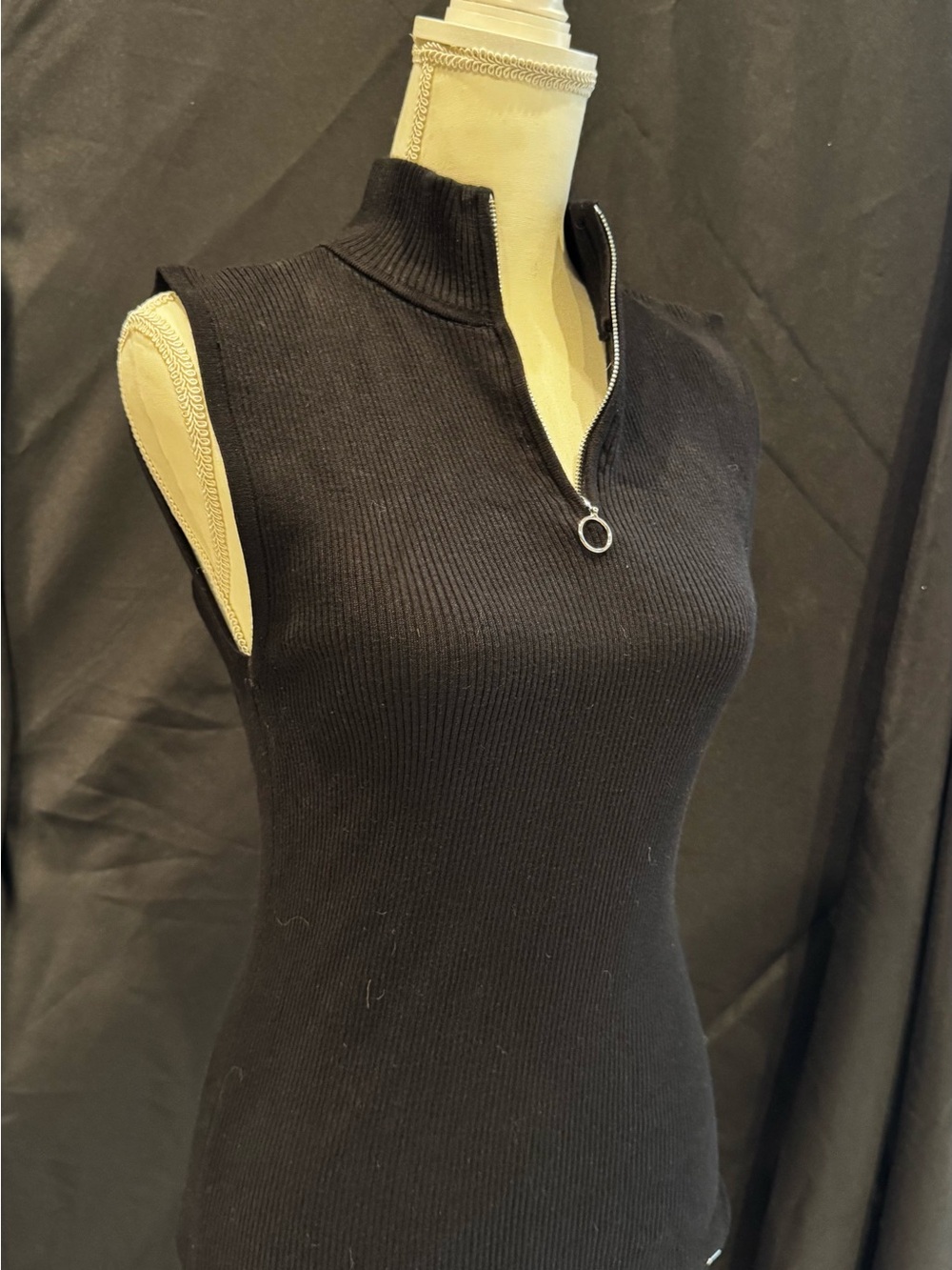Calvin Klein Black Ribbed With Silver Zip-Front Accent Tank Top